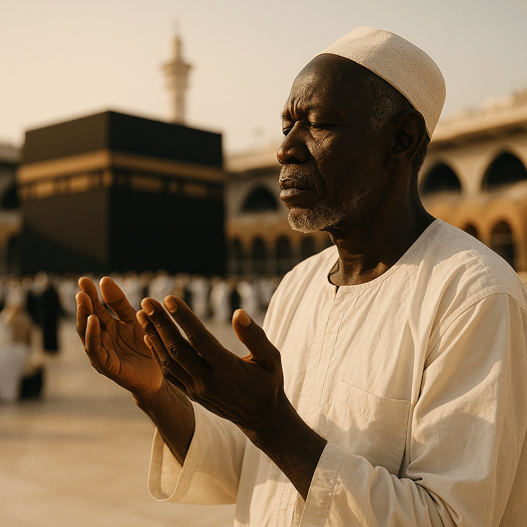 Homme priant devant la Kaaba à La Mecque.