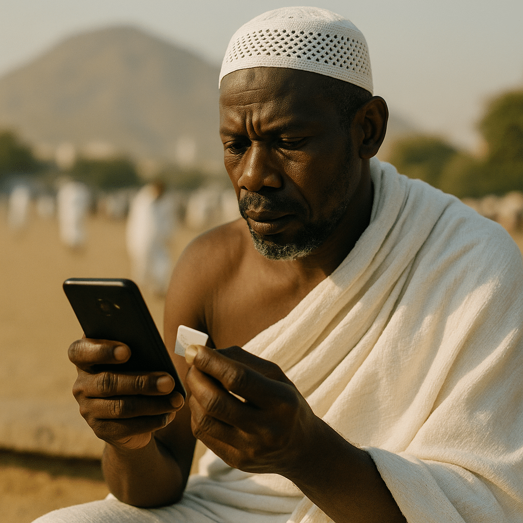 Homme en tenue blanche utilisant smartphone extérieur
