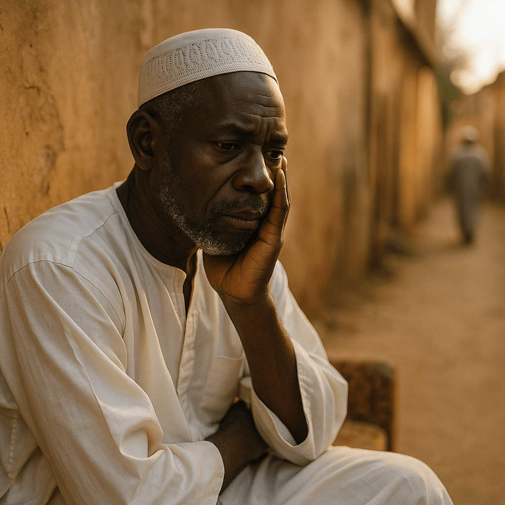 Homme pensif assis dehors en tenue traditionnelle.